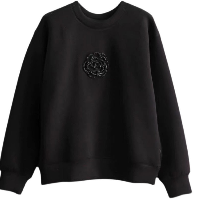 Loose Classic Style Three-dimensional Camellia Round Neck Sweater For Women