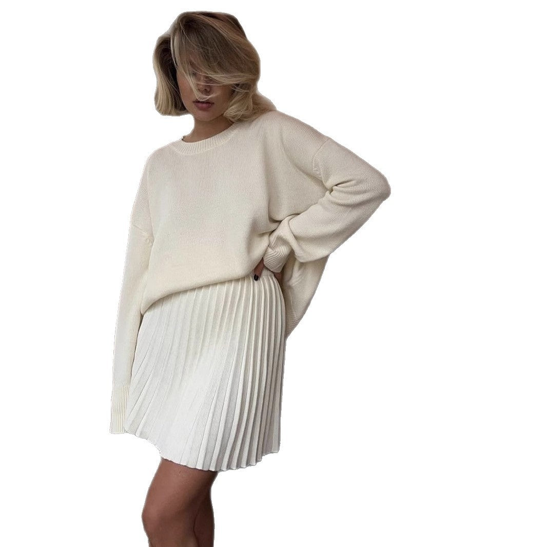 Solid Color Round Neck Sweater Pleated Skirt Suit Fashion Skirt