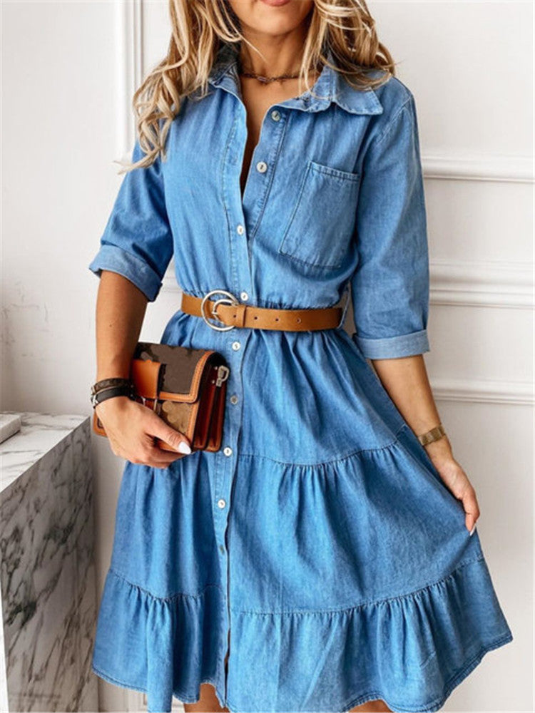 Single Breasted Denim Dress Without Sleeve Length And Lace Up