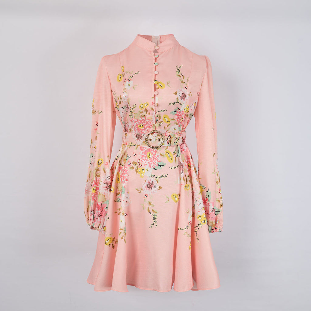 Stand Collar Single-breasted Lantern Sleeve Positioning Printing Dress Women