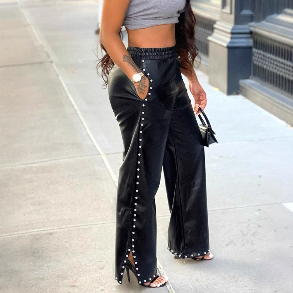 Solid Color Rhinestone Pocket Casual Loose Wide Leg Pants PU Leather Pants