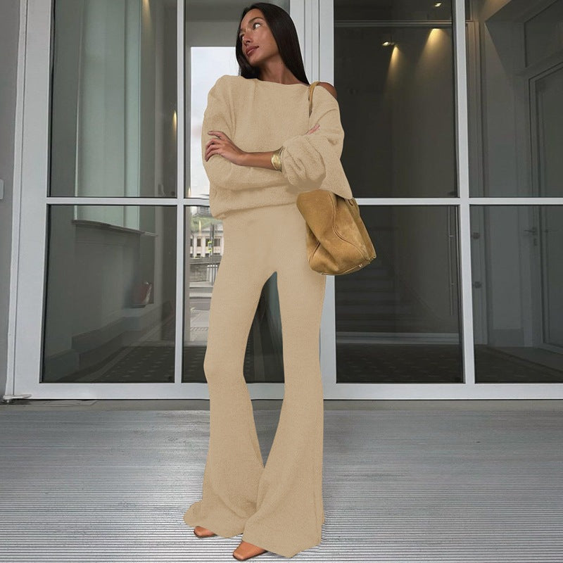 Instagram-style Off-shoulder Long-sleeve High-waist Flared Pants Fashionable Women's Suit