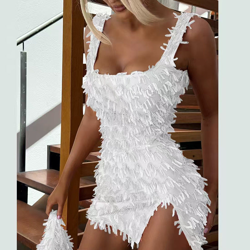 Off-the-shoulder Strap Hip Skirt Split Furry Dress