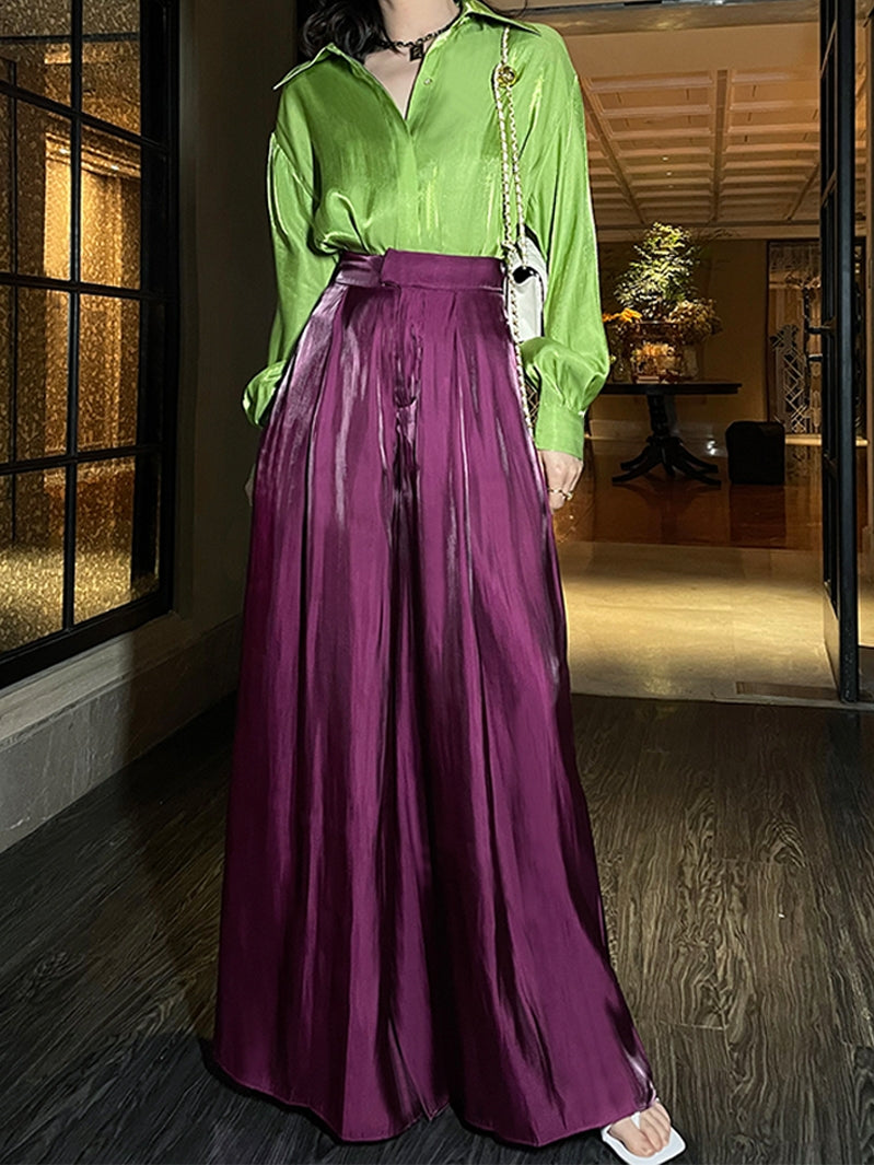 Atic Women's Black Currants Purple Thin Satin Breathable Wide Leg Pants