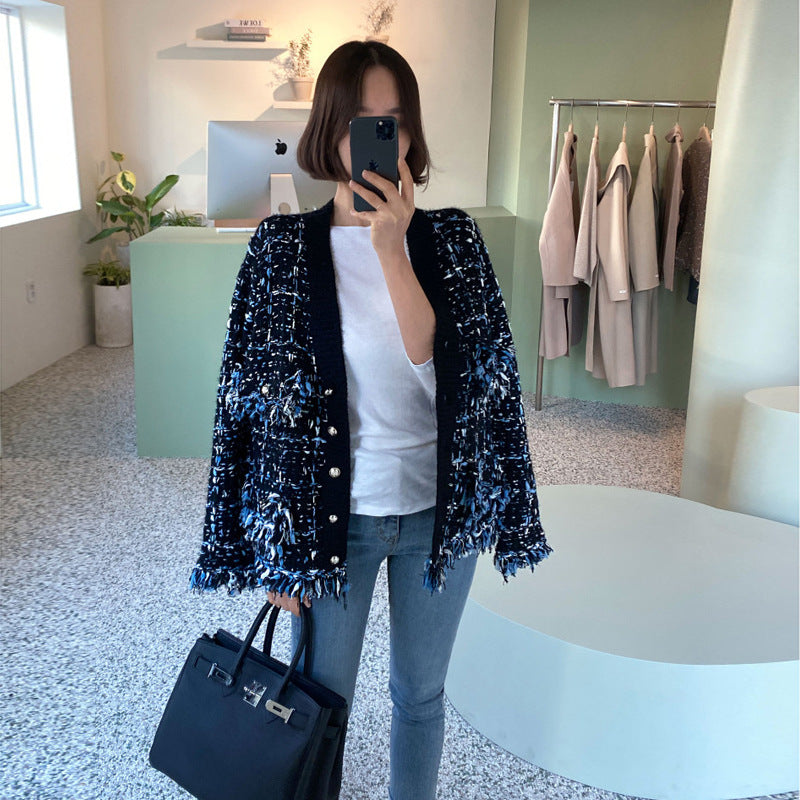 Women's Knitted Fringed Fringe Melange Sweater Coat