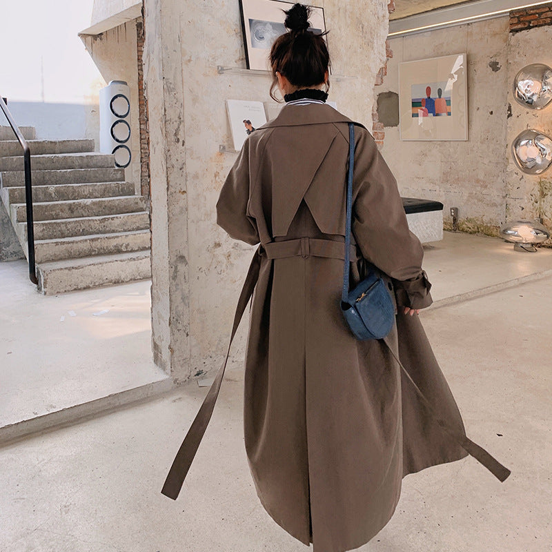 Suit Collar Double-breasted Long Trench Coat With Waist And Back Cross