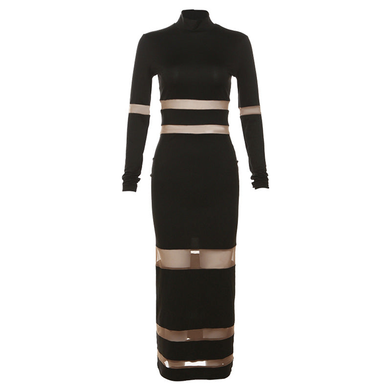Mesh Patchwork Turtleneck High Waist Slim Long Dress