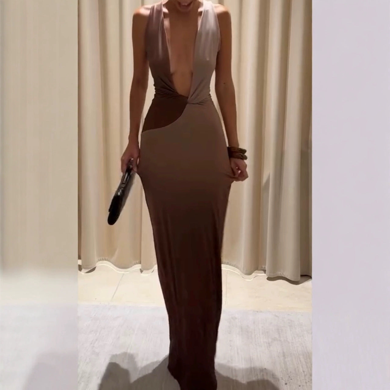 Women's Fashion Personality Stitching Deep V Dress