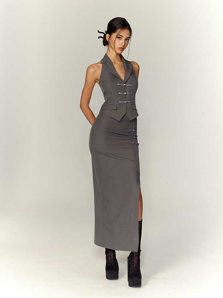 Chinese Style Traditional Halter Spaghetti Straps Vest Slit Skirt Suit