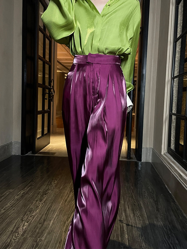 Atic Women's Black Currants Purple Thin Satin Breathable Wide Leg Pants