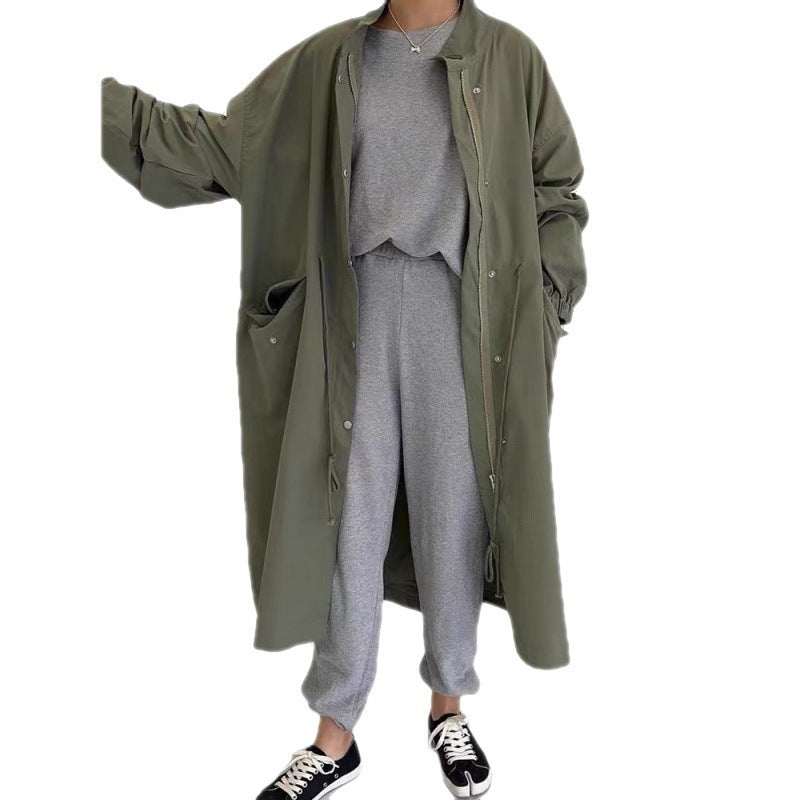 Autumn Winter Retro Idle Style Stand Collar Single-breasted Loose Long Sleeve Trench Coat Women