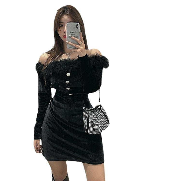 Long-sleeved Slim-fit Hip-bottomed Gold Velvet Dress