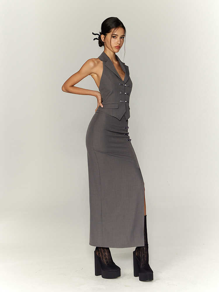 Chinese Style Traditional Halter Spaghetti Straps Vest Slit Skirt Suit