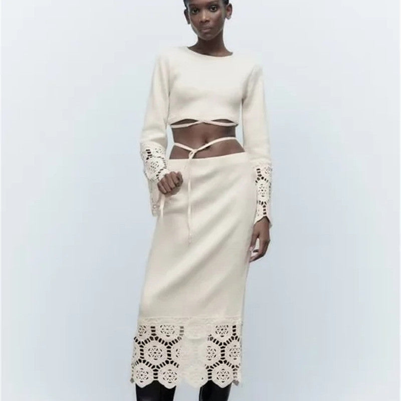 Crochet Solid Color Lace-up Top Back Slit Half Skirt Suit