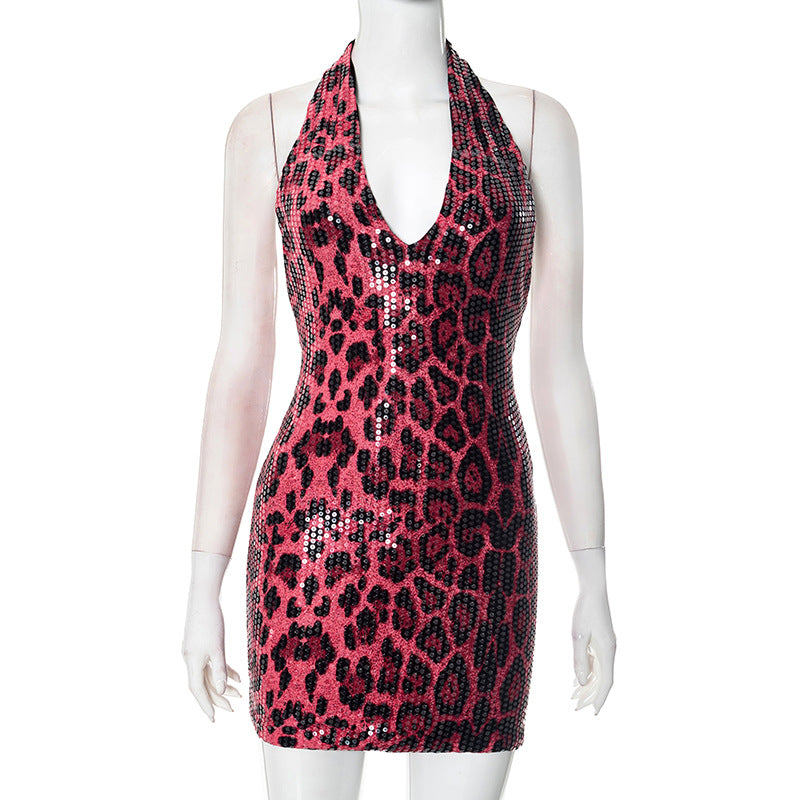 Sexy Sleeveless Halter Leopard Print Sequin Deep Collar Backless Hip Skirt