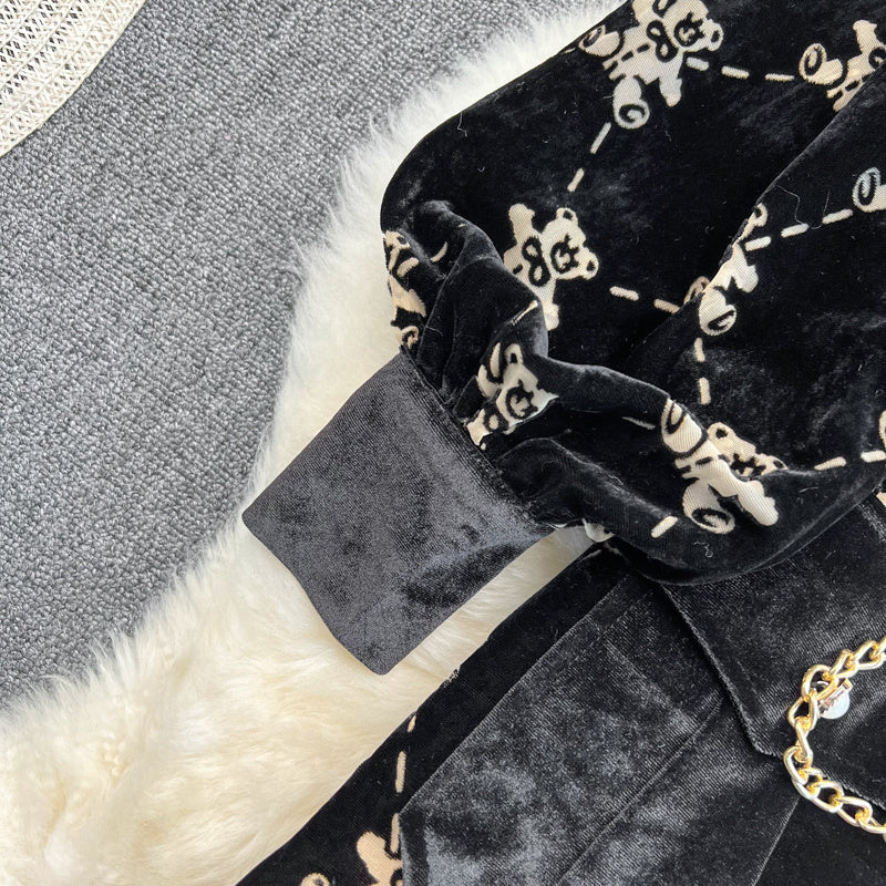 Single Breasted Lapel Gold Velvet Dress