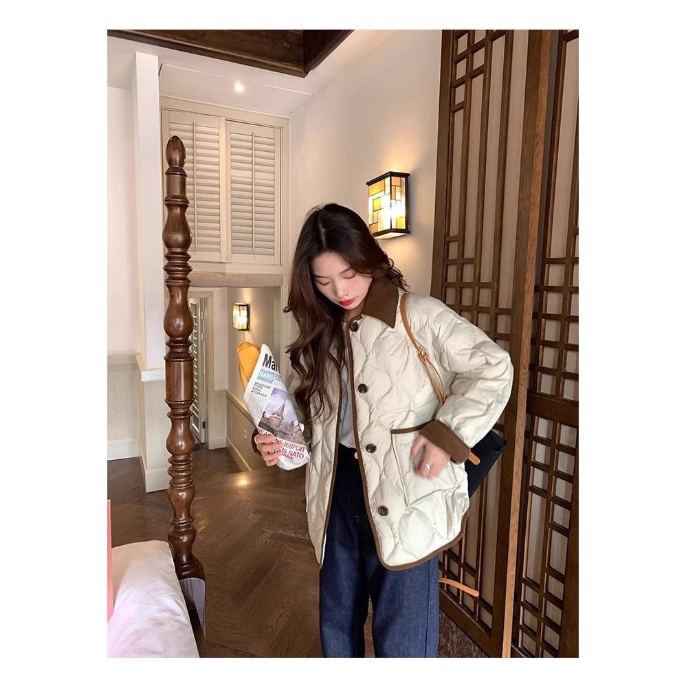 Design Lapel Hit Color Diamond Lattice Winter Coat