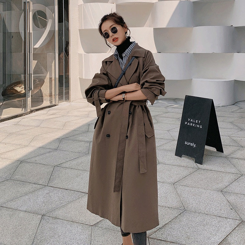 Suit Collar Double-breasted Long Trench Coat With Waist And Back Cross