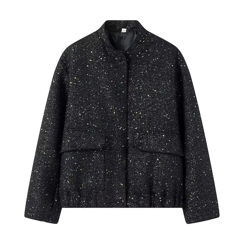Sequined Long Sleeve Stand Collar Baseball Uniform Jacket Coat