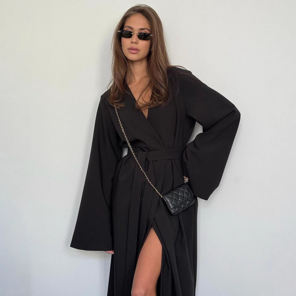 Long Slit Long Sleeve Lace-up Dress