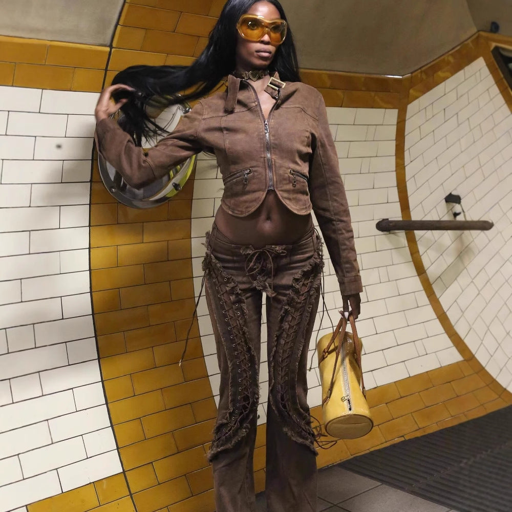 Stretch All-matching Frayed Lace-up New Slim Jeans For Women