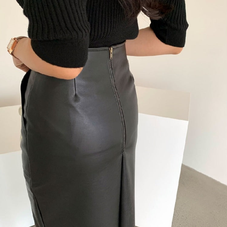 Mid-length PU Small Leather Skirt Split Hip Skirt High Waist Was Thin