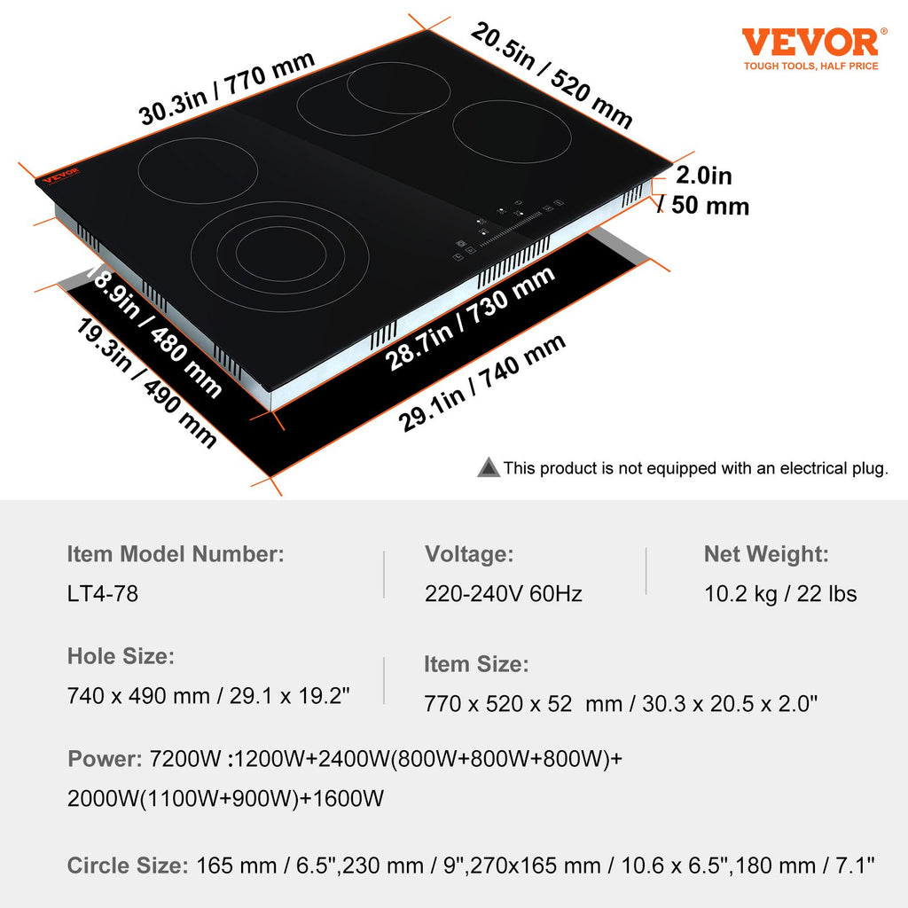 Built In Electric Stove Top, 30.3 X 20.5 Inch 4 Burners, 240V Glass Radiant Cooktop With Sensor Touch Control, Timer & Child Lock Included, 9 Power Levels For Simmer Steam Slow Cook Fry