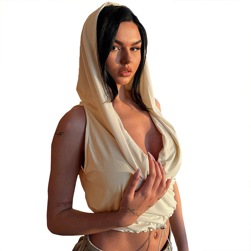 Sleeveless Hooded Drawstring Deep V-neck Slim-fit Top