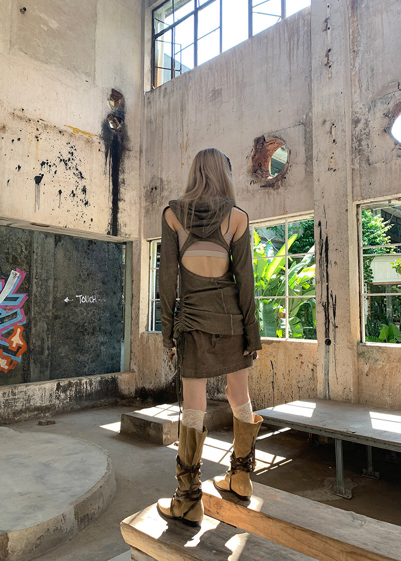 Hooded Fried Open-Back Side Drawstring Dress