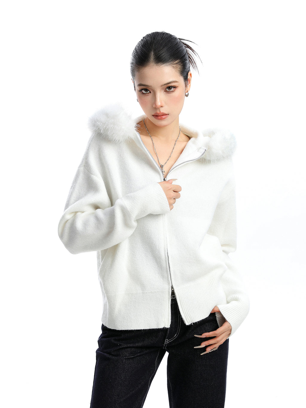 Women's Zipper Cardigan Beige Fur Collar Hood Coat