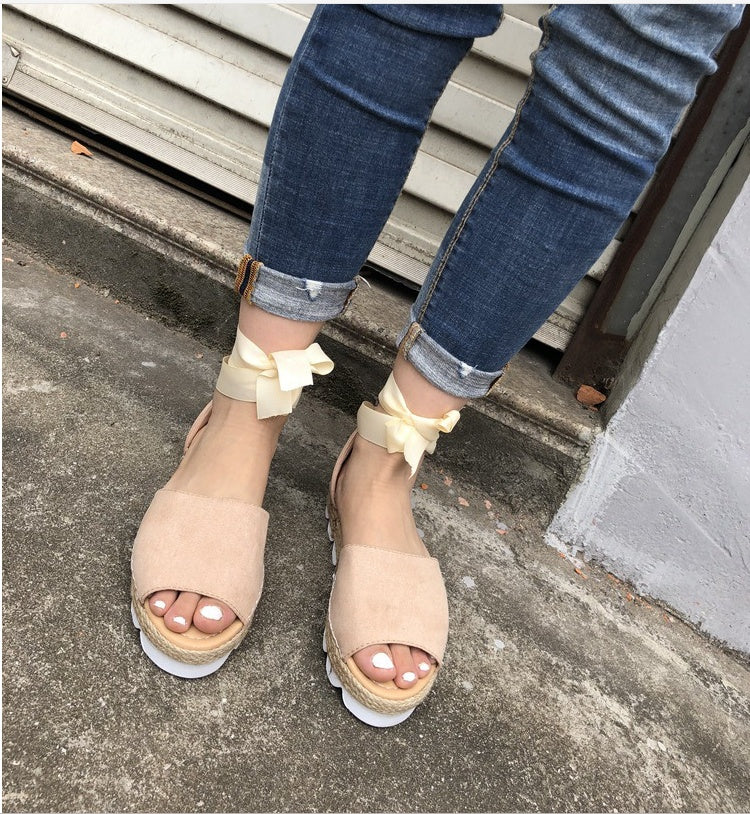 Thick bottom grass fish mouth ankle straps large size sandals ladies sandals