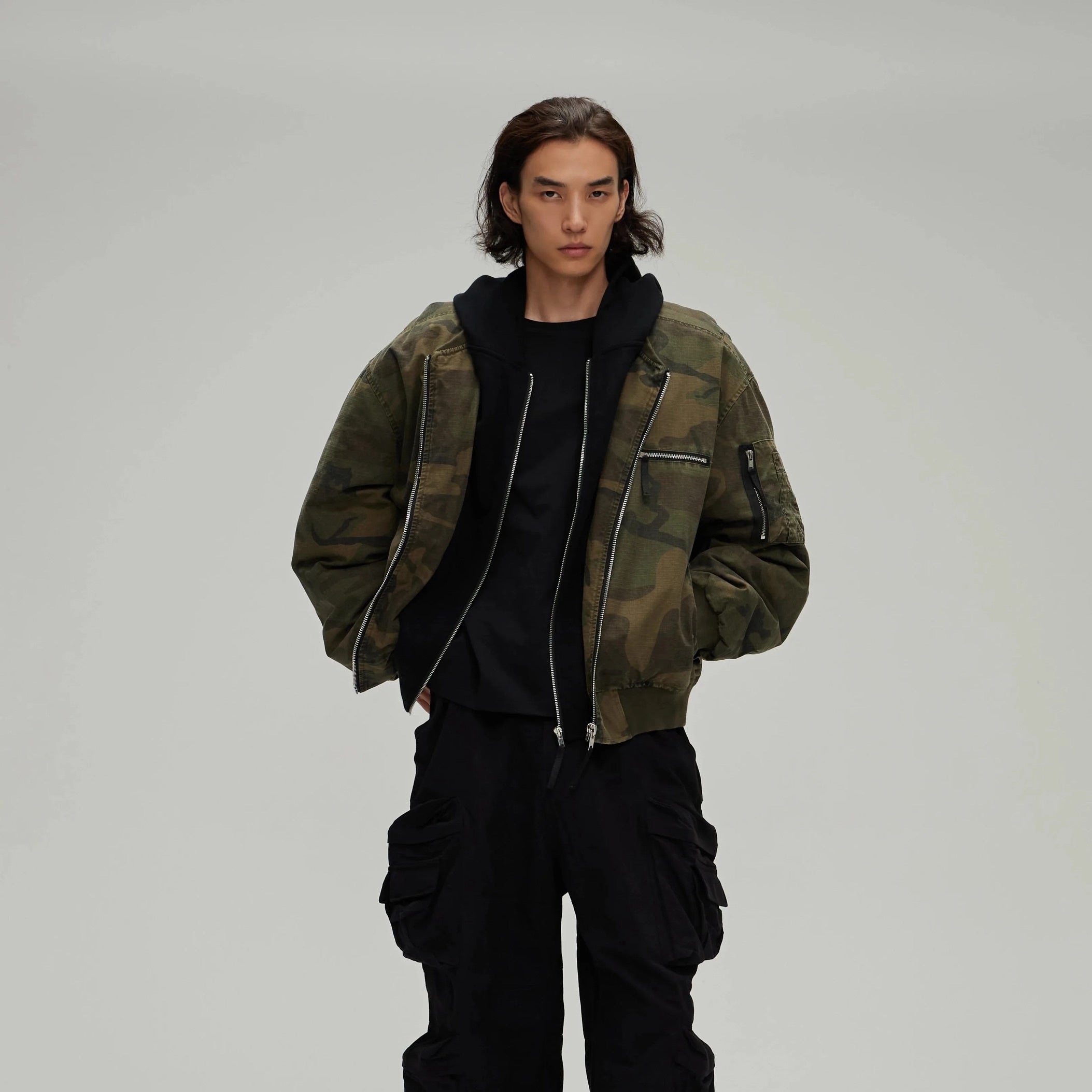 Leisure Washed-out Distressed Camouflage Fake Two-piece Cotton-padded Jacket