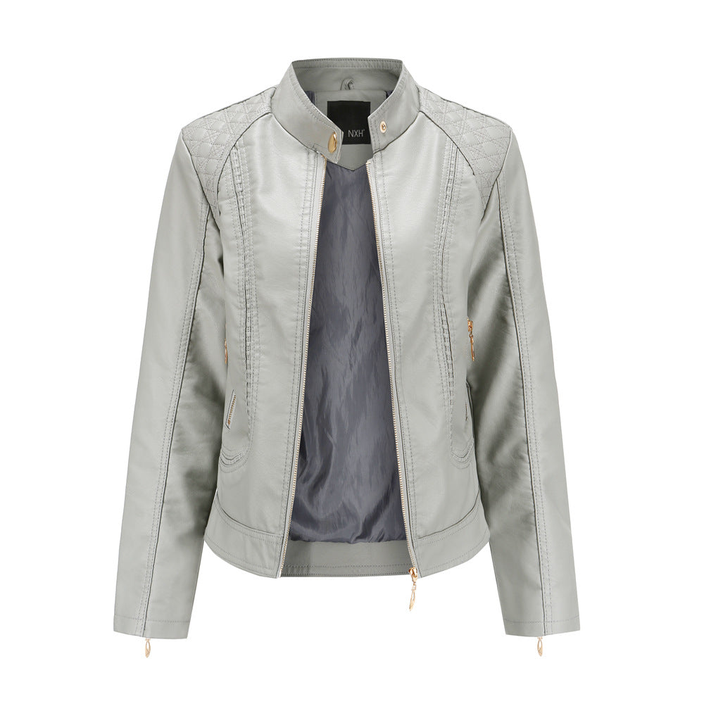 Women's stand collar PU leather jacket