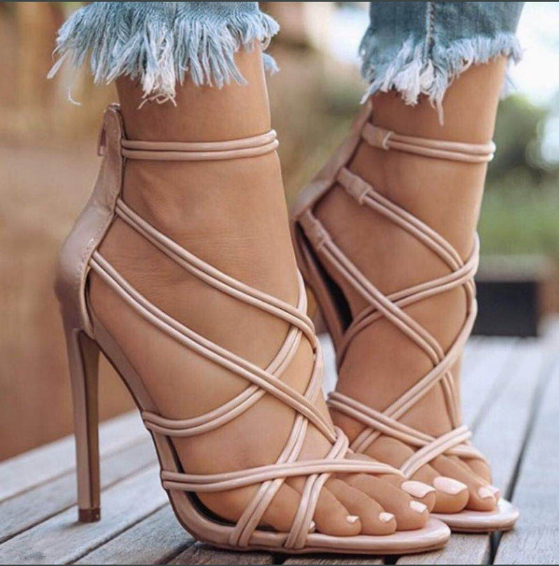 Fish mouth cutout cross strap high heel sandals