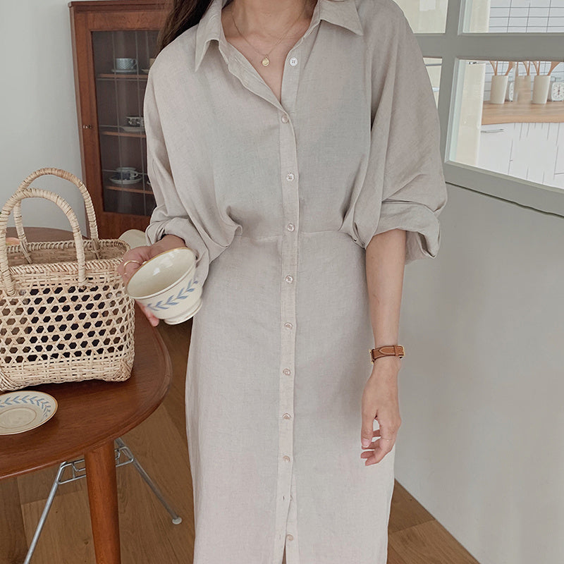 Single-Breasted Waist Slimming Over-Knee Loose Shirt Dress