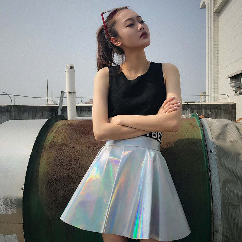 Laser glossy pu half-length leather skirt