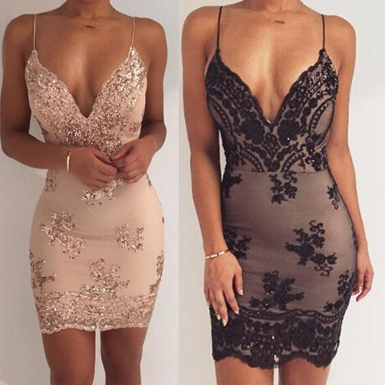 Summer sequins nightclub short skirt dress deep V-neck sexy halter strap dress