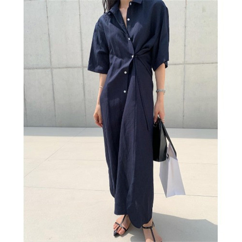 Minimalist Single-breasted Shirt Dress Over The Knee Long Skirt