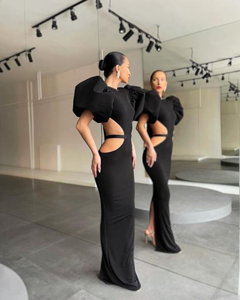 Hip-wrapped Dress Puff Sleeve Banquet Evening Dress