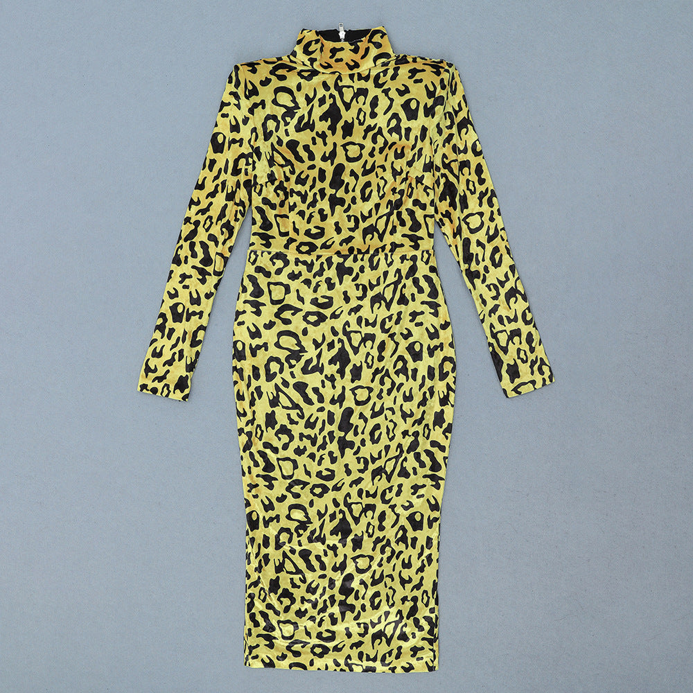 Long sleeve stand-up collar leopard print velvet slim fit dress