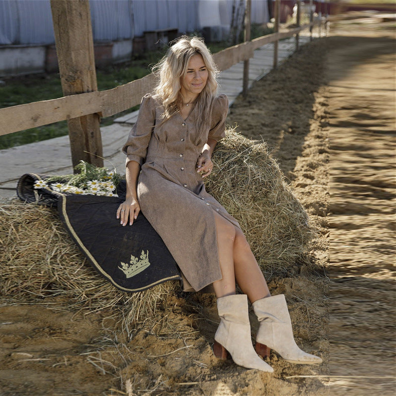 V-neck Corduroy Pencil Skirt Single-breasted