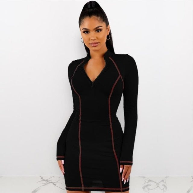 Stand collar zipper long sleeve dress