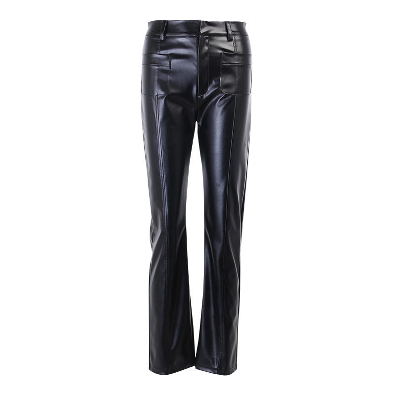 Two-pocket sexy slim PU leather pants