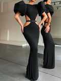 Hip-wrapped Dress Puff Sleeve Banquet Evening Dress
