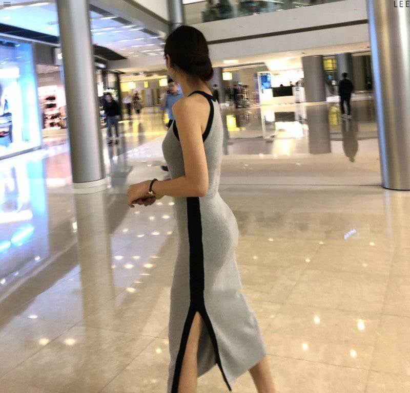New Sleeveless Strap Tank Top Contrast Knit Dress
