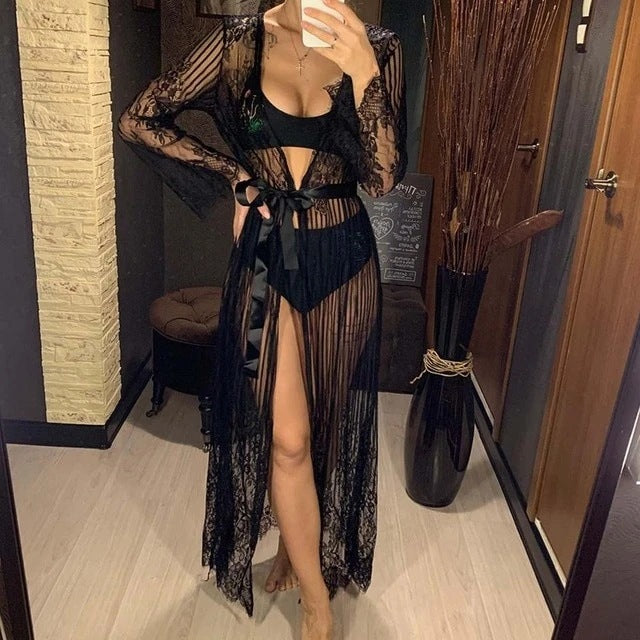 Lace Mesh Sling See-Through Home Long Dress