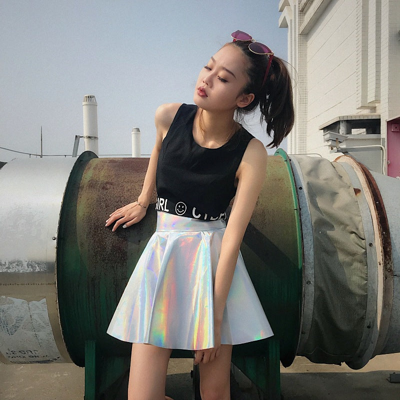 Laser glossy pu half-length leather skirt