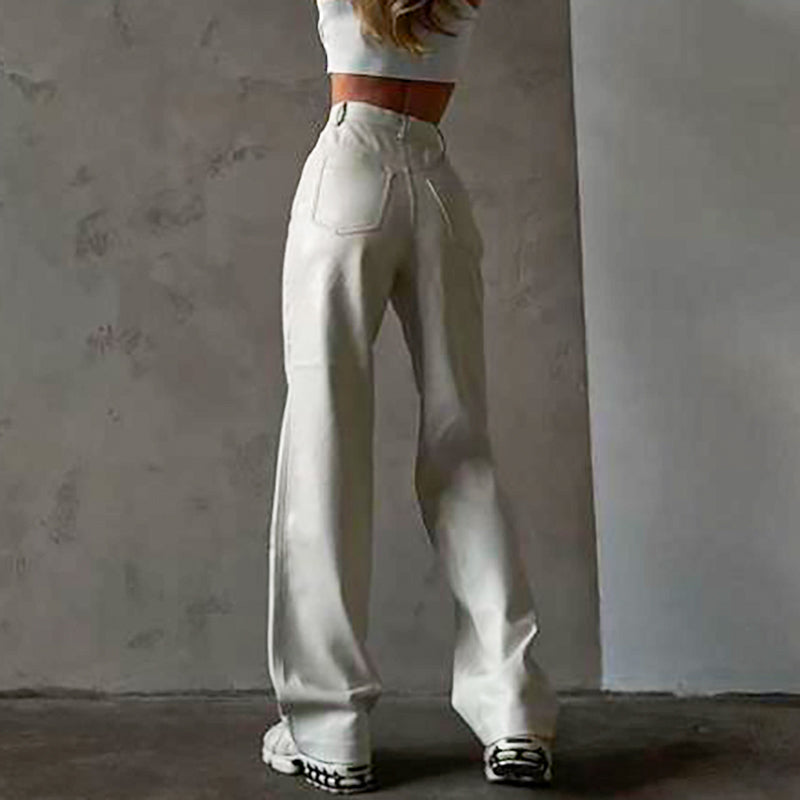 Women's PU Leather White Micro Flare Pants Female