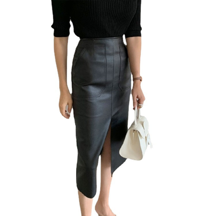 Mid-length PU Small Leather Skirt Split Hip Skirt High Waist Was Thin