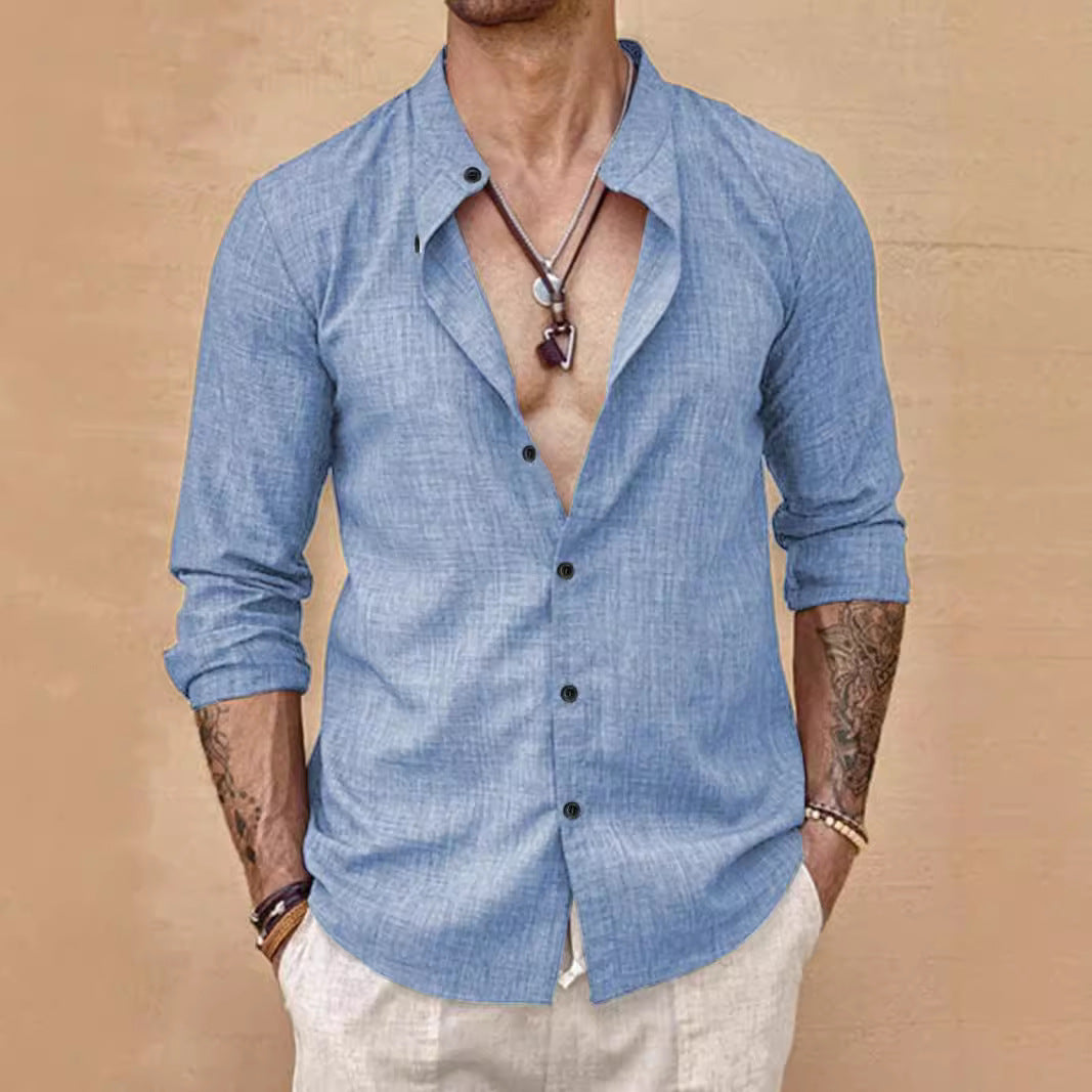 Stand Collar Long Sleeve Men's Cardigan Shirt Men's Top